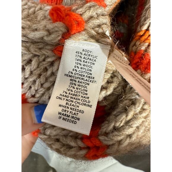 Loft Cardigan Sweater Womens Large Orange Chevron Western Cozy Alpaca Wool Beige - Picture 4 of 10